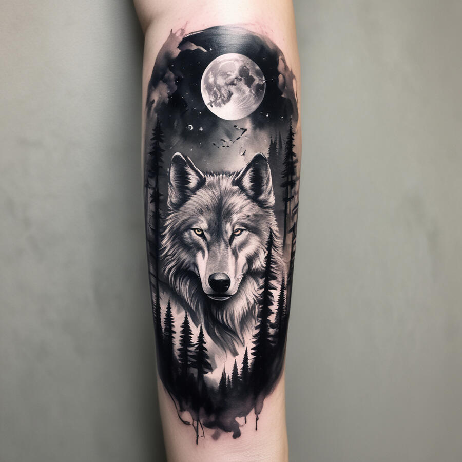 A fresh ink tattoo Forearm tattoo for a man, grayscale watercolor style, wolf howling at the moon, symbolizing strength and independence, sized to cover full forearm.