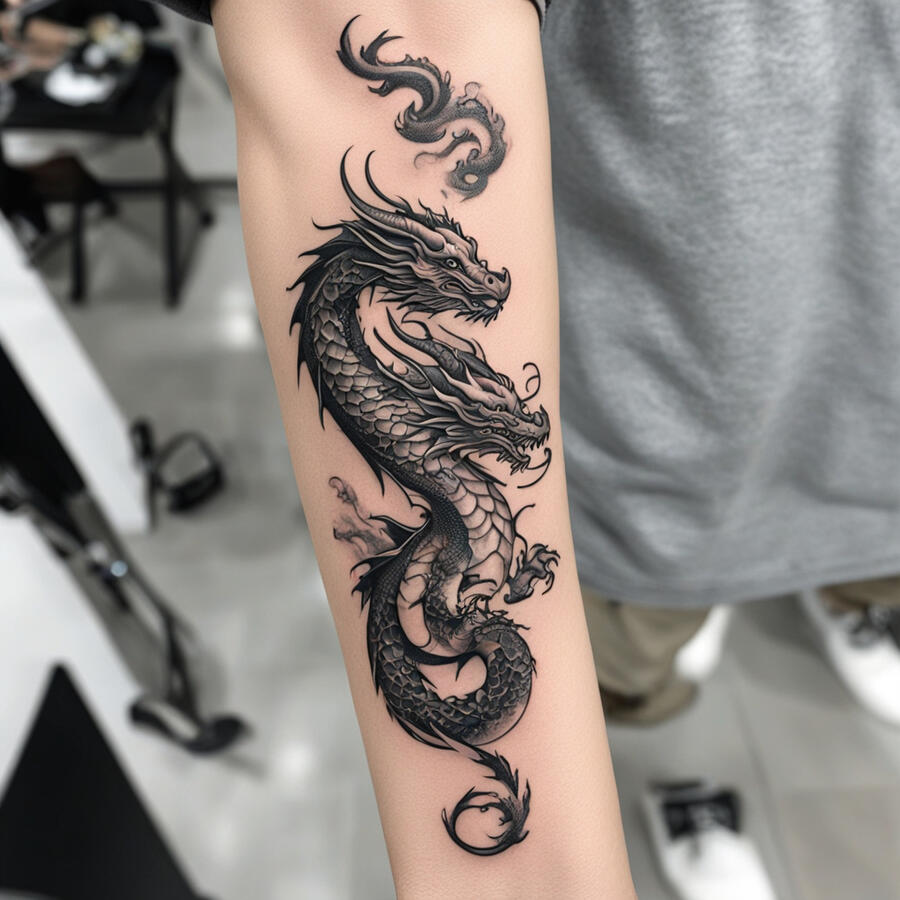 a fresh ink dragon tattoo on the inner forearm, with japanese aesthetics