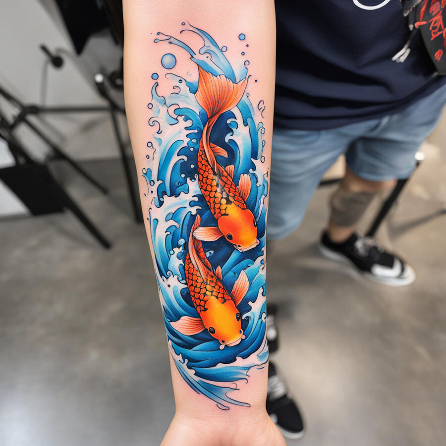 A fresh ink forearm tattoo of koi fish swimming, vivid color design, Japanese-style