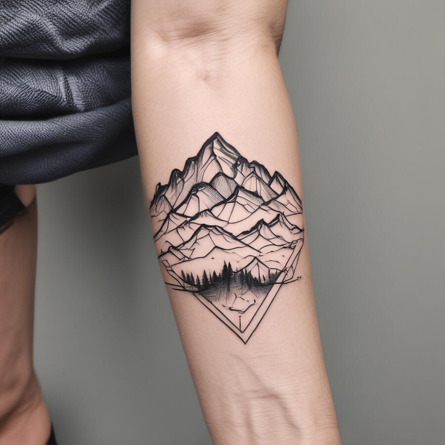 A fresh ink tattoo Inner forearm tattoo for a man, minimalist black line art, small geometric mountain range, simple yet meaningful design, sized to fit inner forearm.