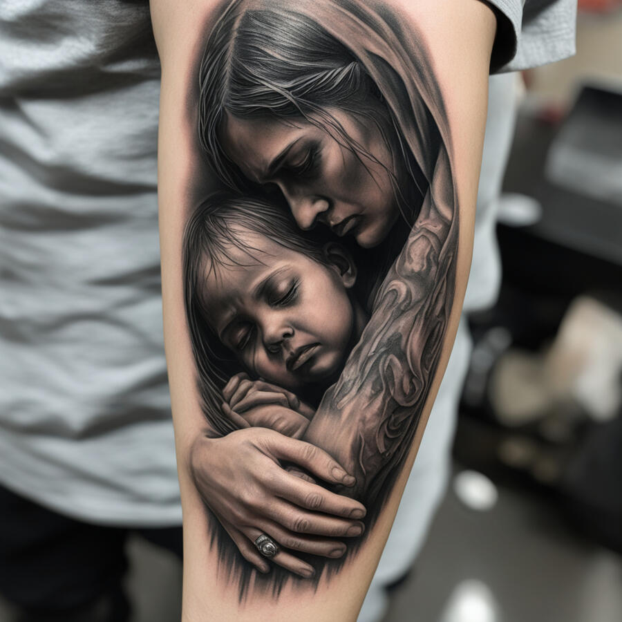 mother and child tattoo on forearm