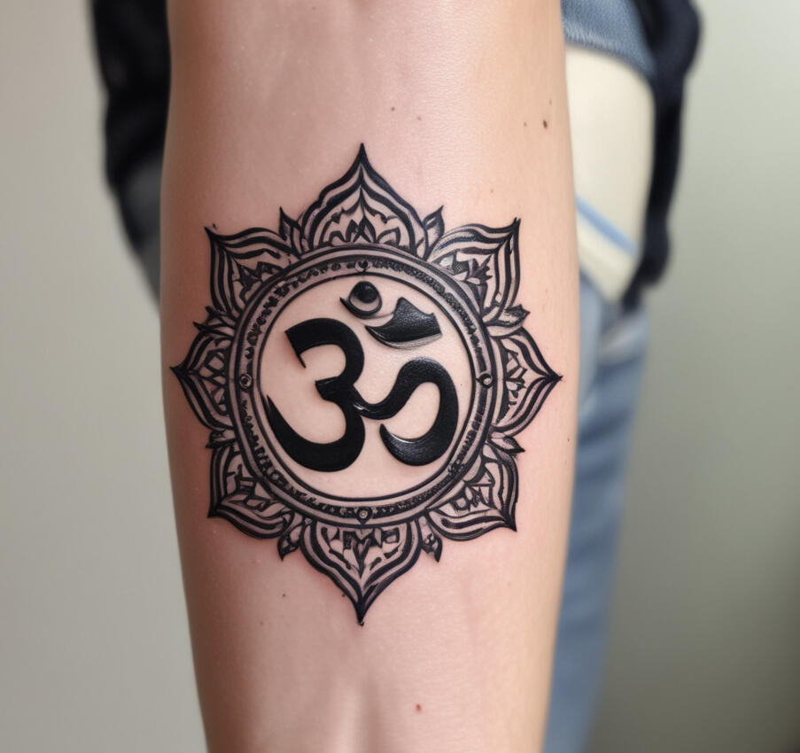 a hindu aum om tattoo on the inner forearm