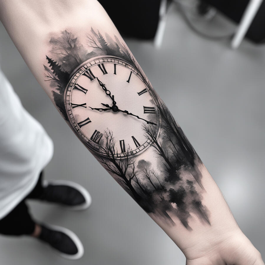 A fresh ink tattoo Inner forearm tattoo for a man, grayscale watercolor style, fading clock face merging with tree branches, time and nature concept, soft edges, sized to fit inner forearm.