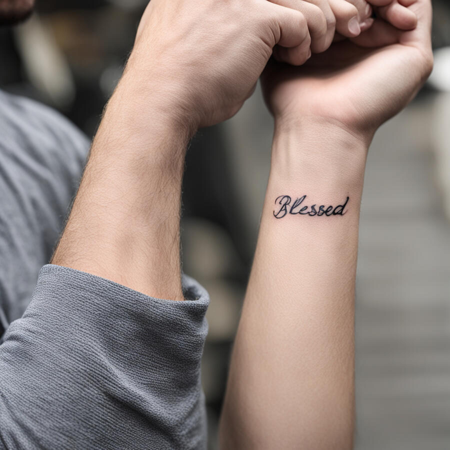 Small meaningful forearm tattoo for men, fresh ink, simple black script of the word 'Blessed' in elegant typography.