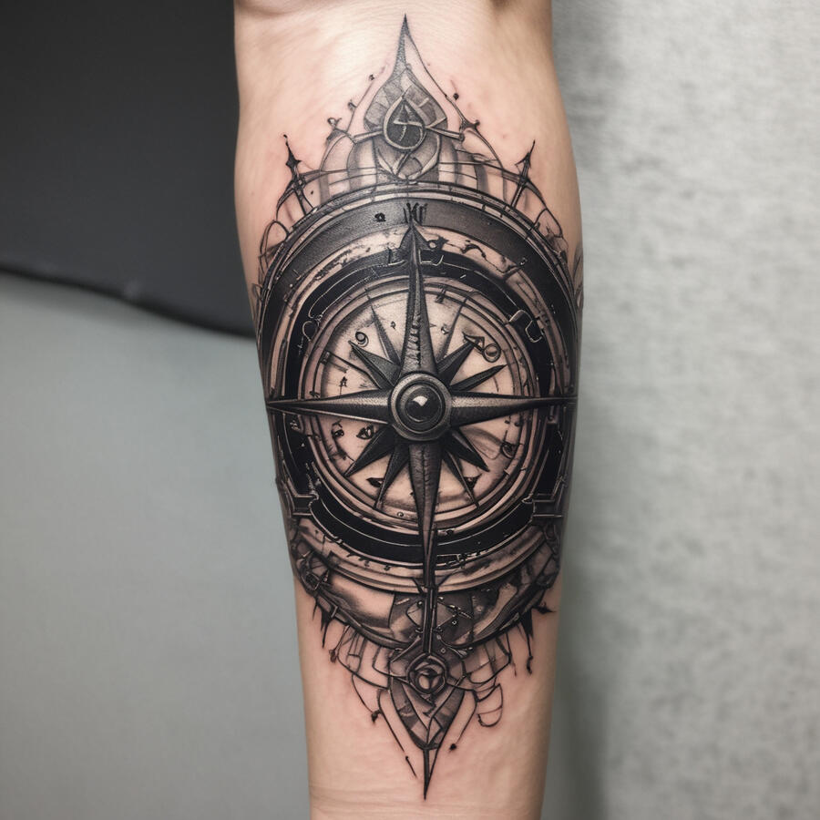 A small fresh ink tattoo Outer forearm tattoo for a man, black and gray realism, compass rose with intricate details, weathered look, sized to fit outer forearm.