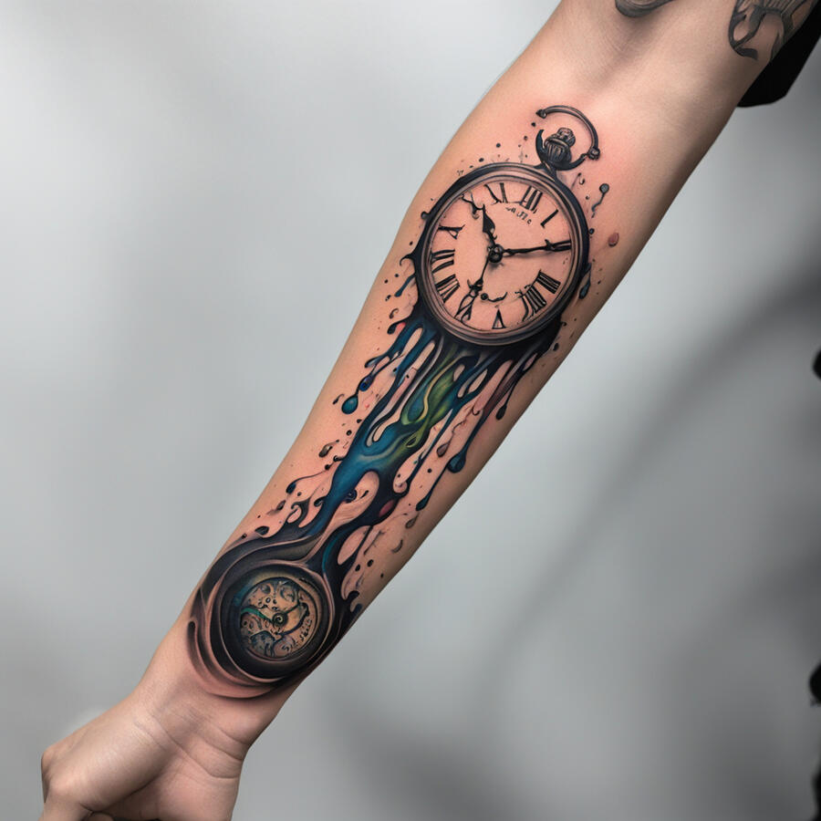 A fresh ink tattoo Inner forearm tattoo for a man, vivid color design, melting surrealist clock inspired by Salvador Dali, dripping numbers, dreamlike quality, sized to fit inner forearm.