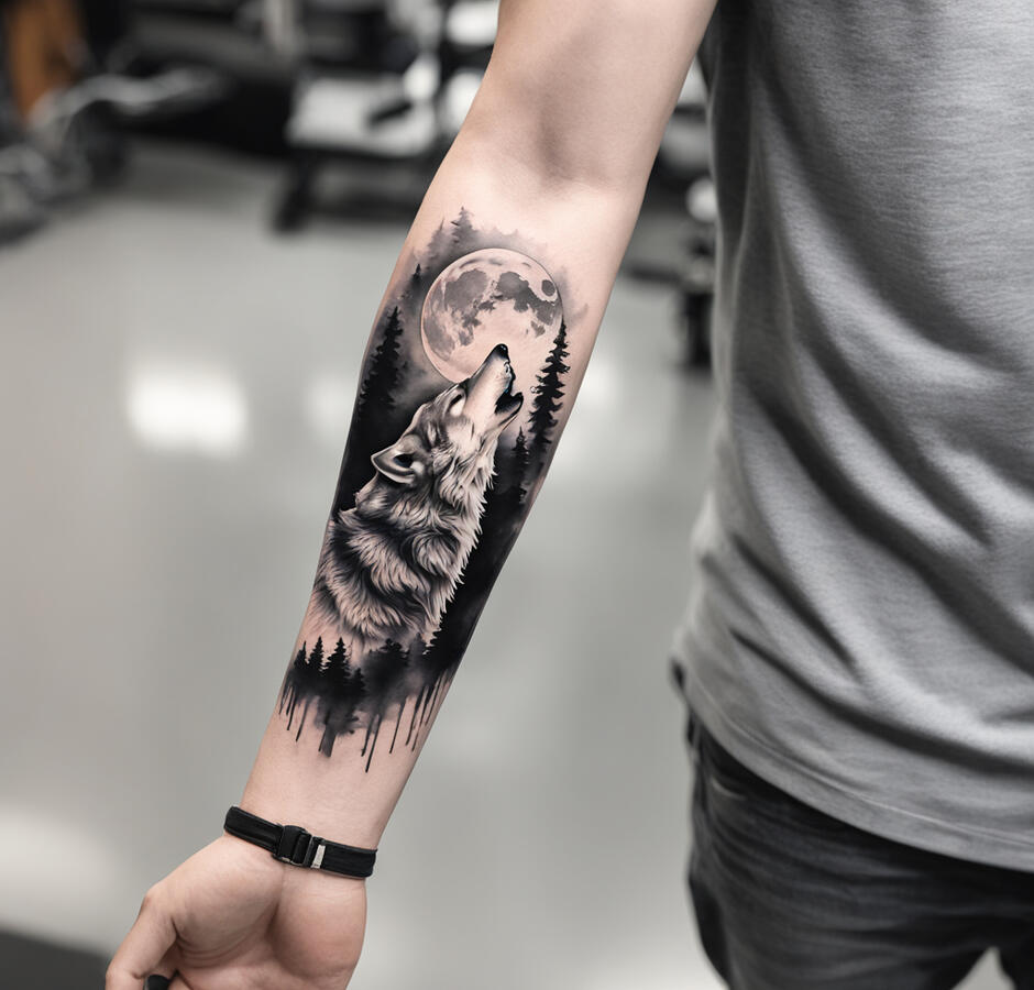 A fresh ink tattoo Forearm tattoo for a man, grayscale watercolor style, wolf howling at the moon, symbolizing strength and independence, sized to cover full forearm.