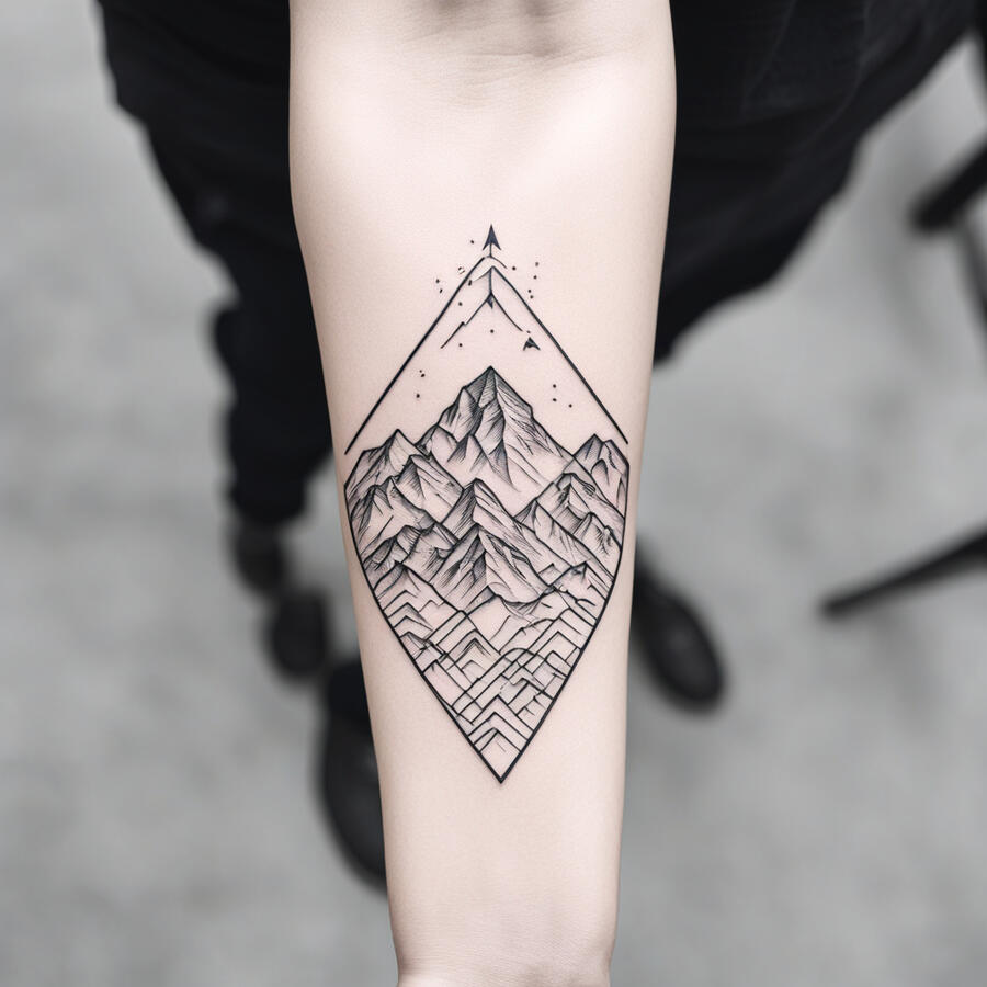 A fresh ink tattoo Inner forearm tattoo for a man, minimalist black line art, small geometric mountain range, simple yet meaningful design, sized to fit inner forearm.