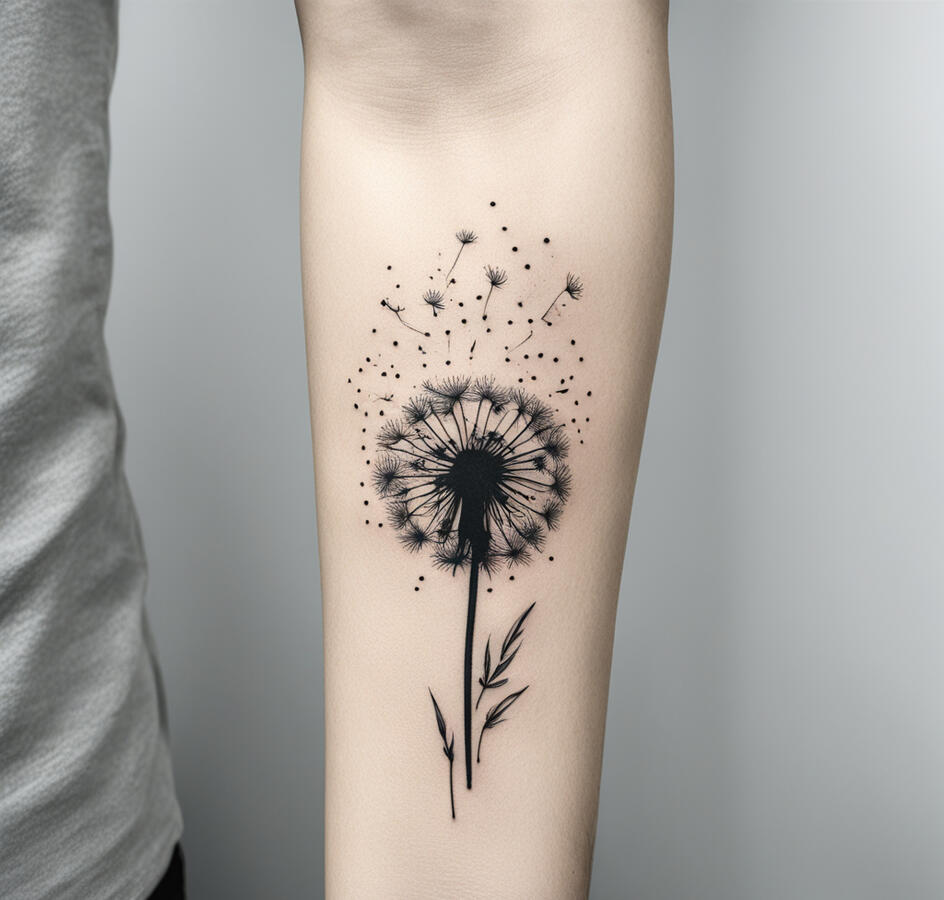 A small fresh ink tattoo in the inner forearm illustrating an abstract dandelion, using a combination of small black dots and delicate lines to suggest seeds blowing in the wind, contained within a 1.5-inch area.