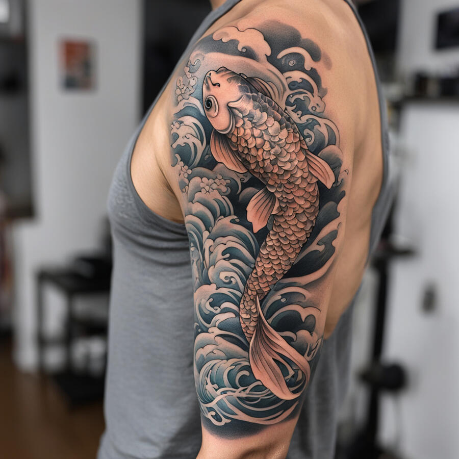 japanese themed koi fish tattoo on shoulders and forearms