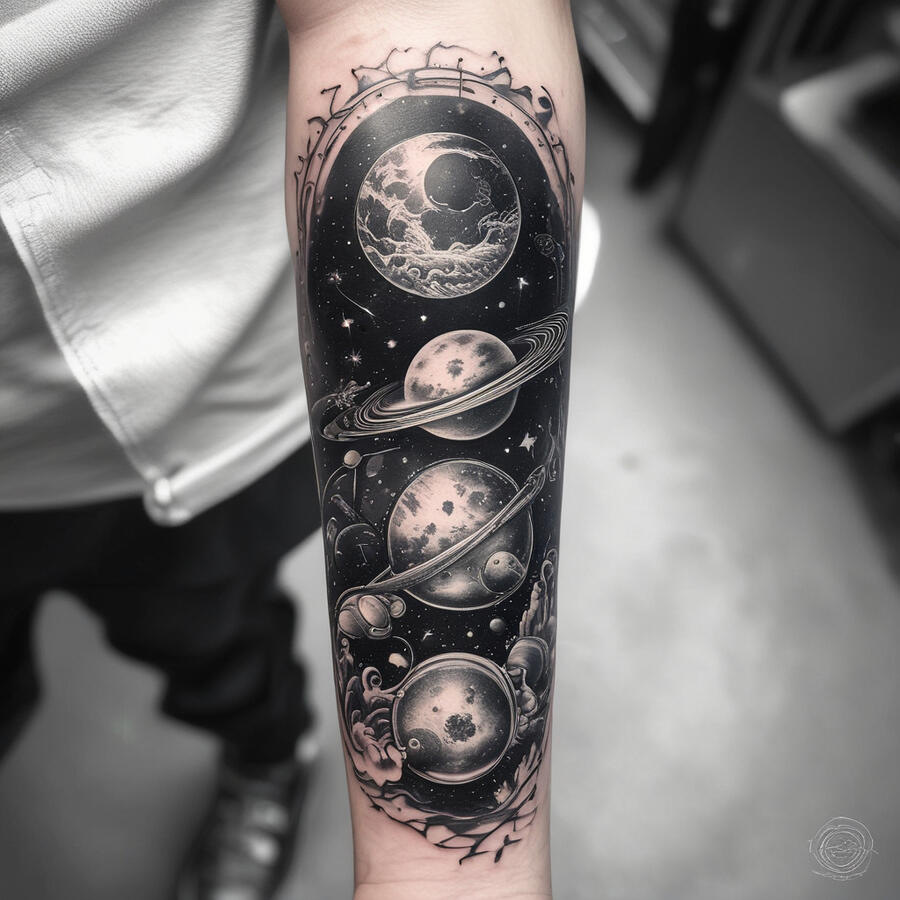 A fresh ink tattoo Inner forearm tattoo for a man, grayscale with subtle blue accents, cosmic theme with stars and planets, celestial concept, sized to fit inner forearm.