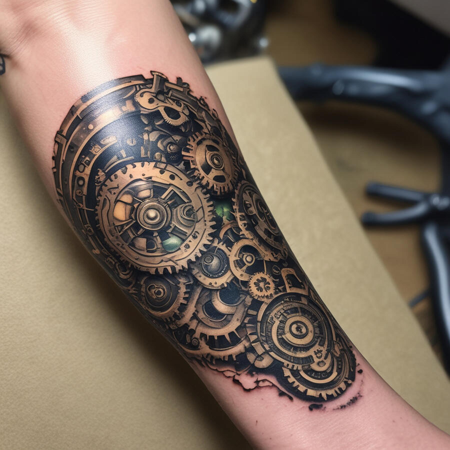 A fresh ink tattoo Inner forearm tattoo for a man, muted color palette, steampunk-inspired machinery with brass gears and cogs, industrial feel, sized to fit inner forearm.