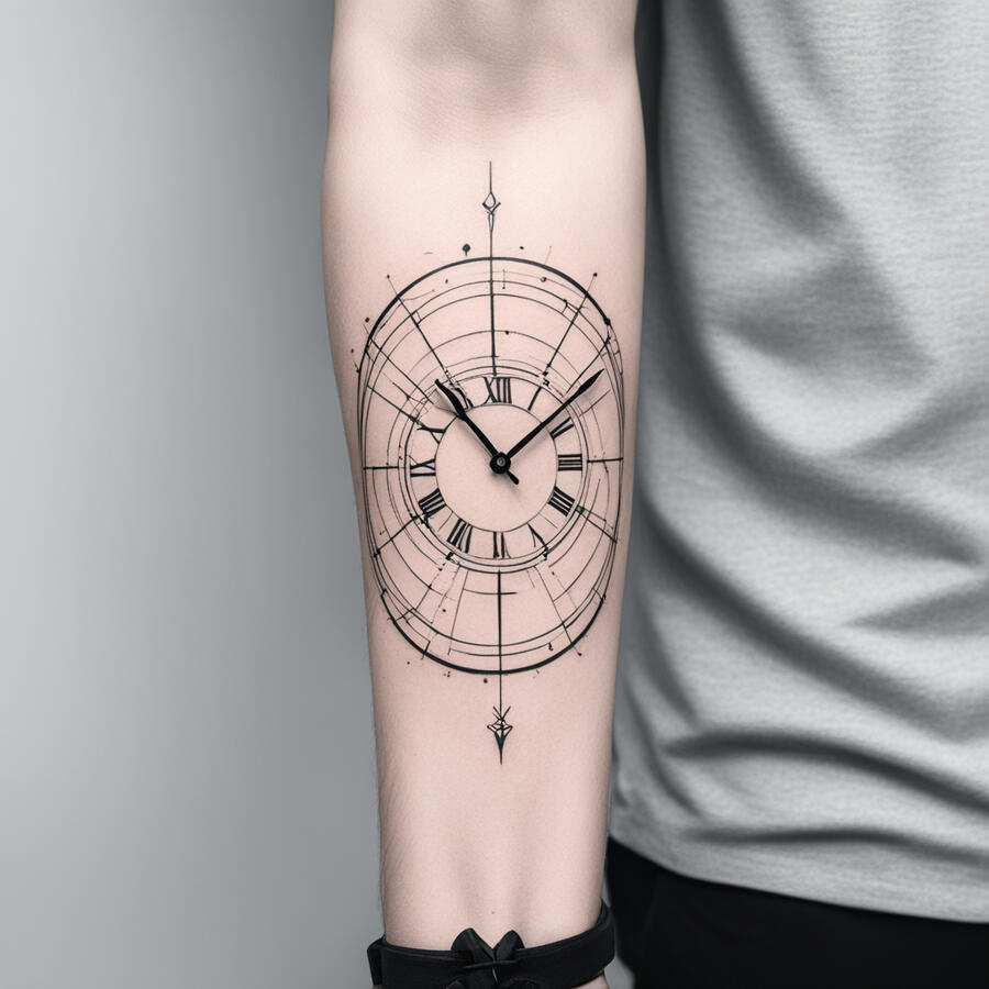 A fresh ink tattoo Inner forearm tattoo for a man, minimalist black line art, simple geometric clock face, clean lines, negative space design, sized to fit inner forearm.