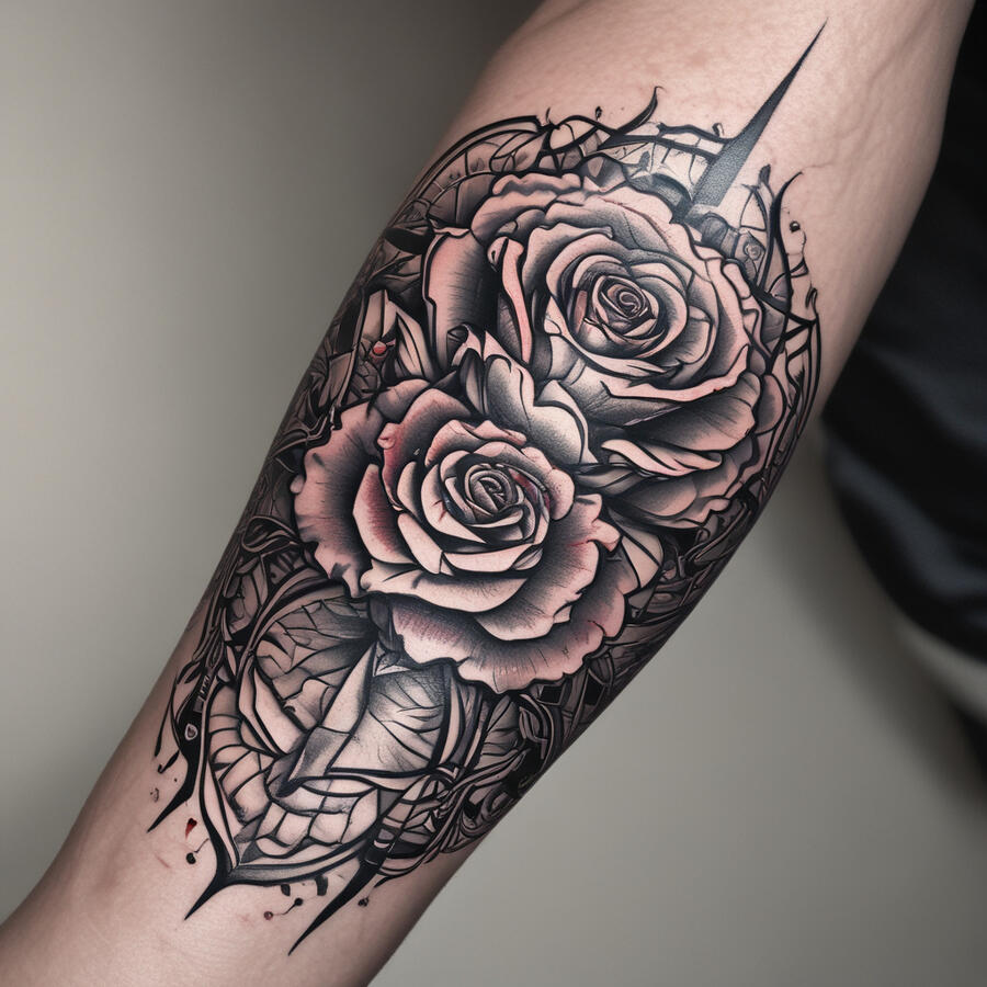 An inner forearm tattoo for a man, black and red ink, traditional style with roses and thorns, bold outlines, classic tattoo aesthetics, sized to fit inner forearm.